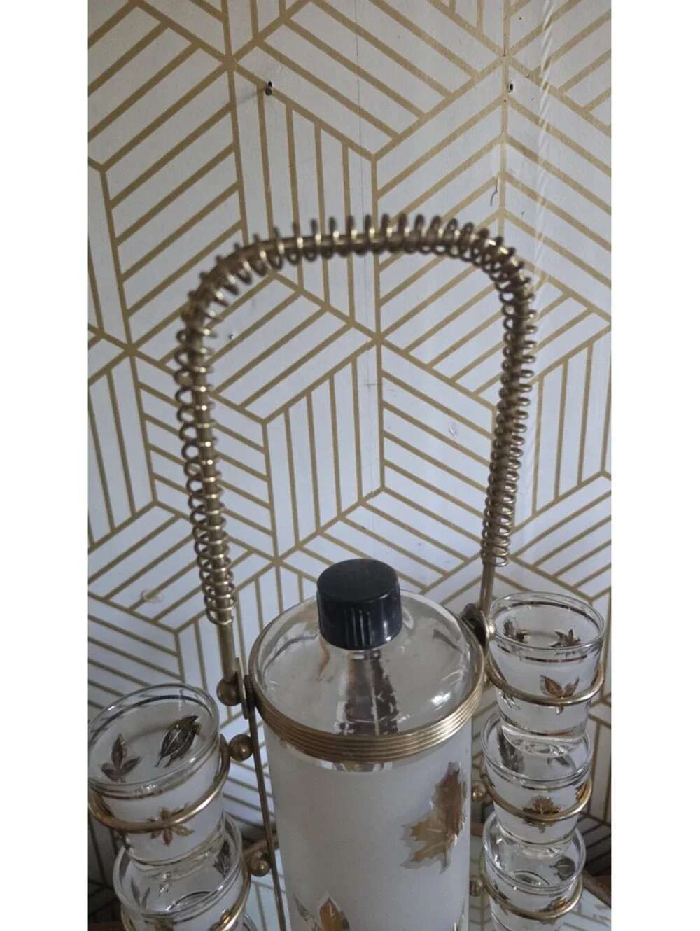 Vintage Libbey Starlyte Gold Leaf Foliage Barware Decanter/ Shot Glass Set Caddy